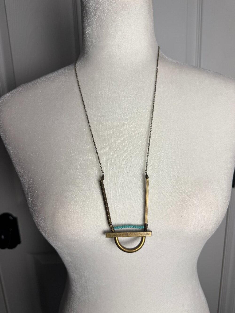Vintage Mod Modern Style Eclectic Brass & Bead Pendant Necklace
